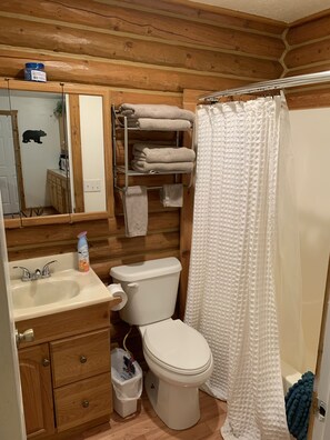 Combined shower/bathtub, towels, toilet paper