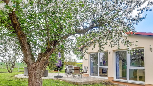 A house with a patio, outdoor furniture, and a tree with white flowers. - 2 bedroom awesome home in Behrenhoff (Behrenhoff)