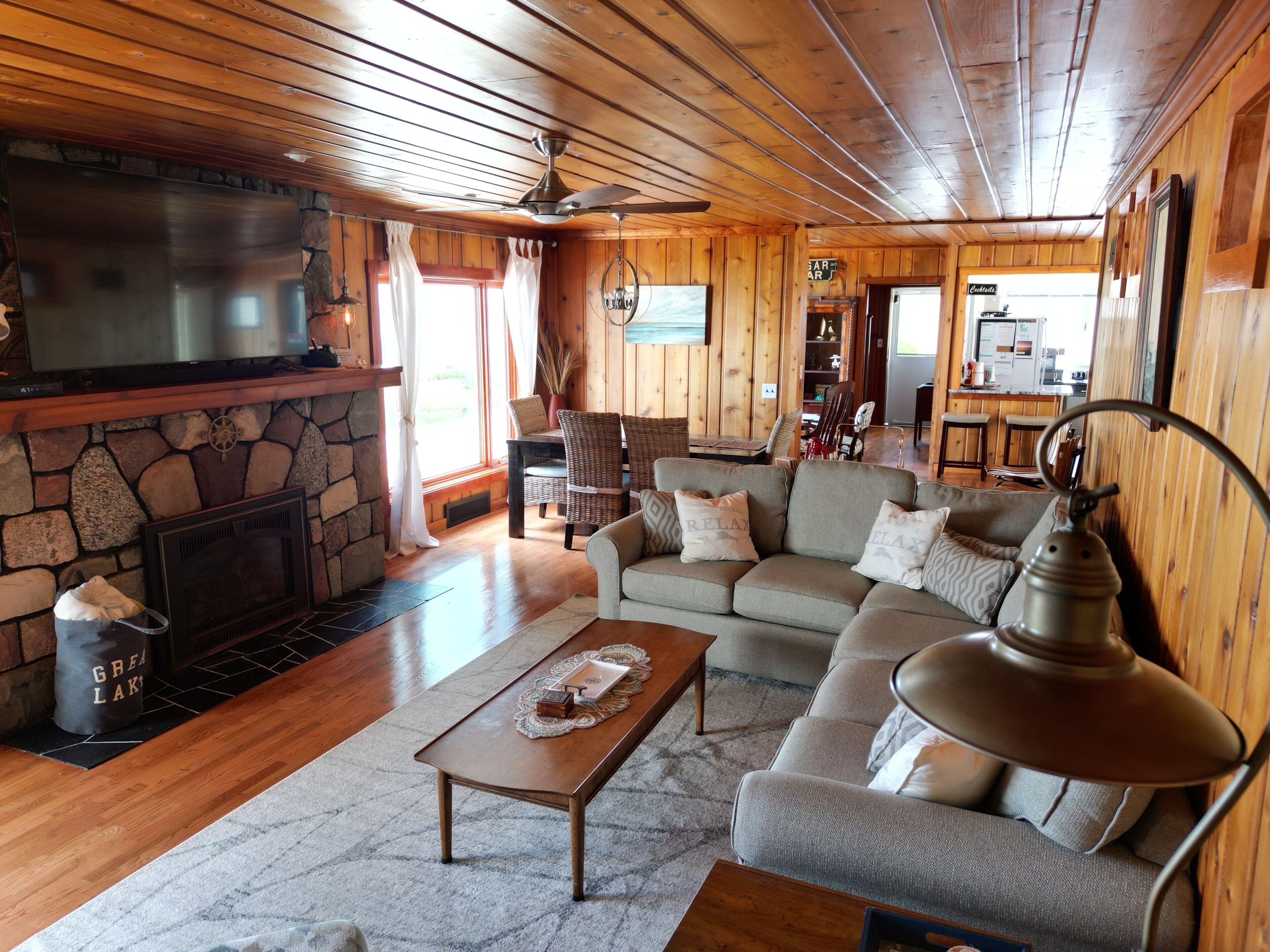 Smart TV, fireplace, books, music library