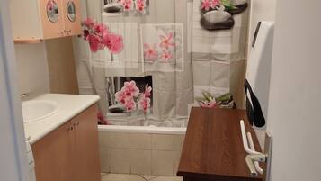 Baignoire, sèche-cheveux, serviettes fournies, papier toilette