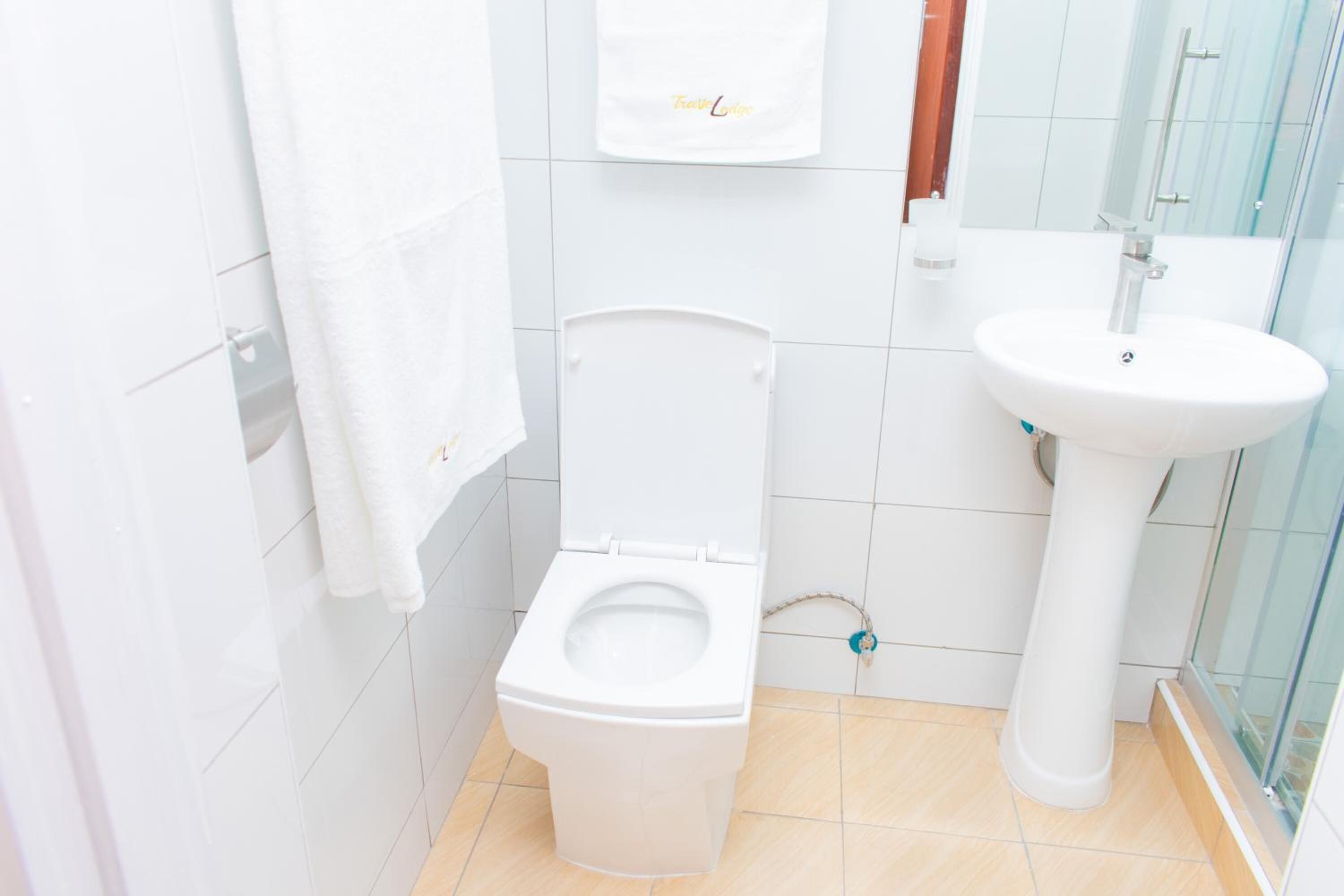 A bathroom with a white toilet, a pedestal sink, and a glass shower enclosure.