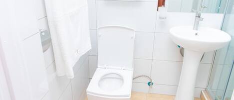 A bathroom with a white toilet, a pedestal sink, and a glass shower enclosure.