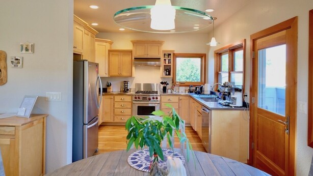 A modern kitchen with wooden cabinets, stainless steel appliances, and a central island with a vase of green plants. -  Loft @ 420 on Chestnut (Mount Shasta)