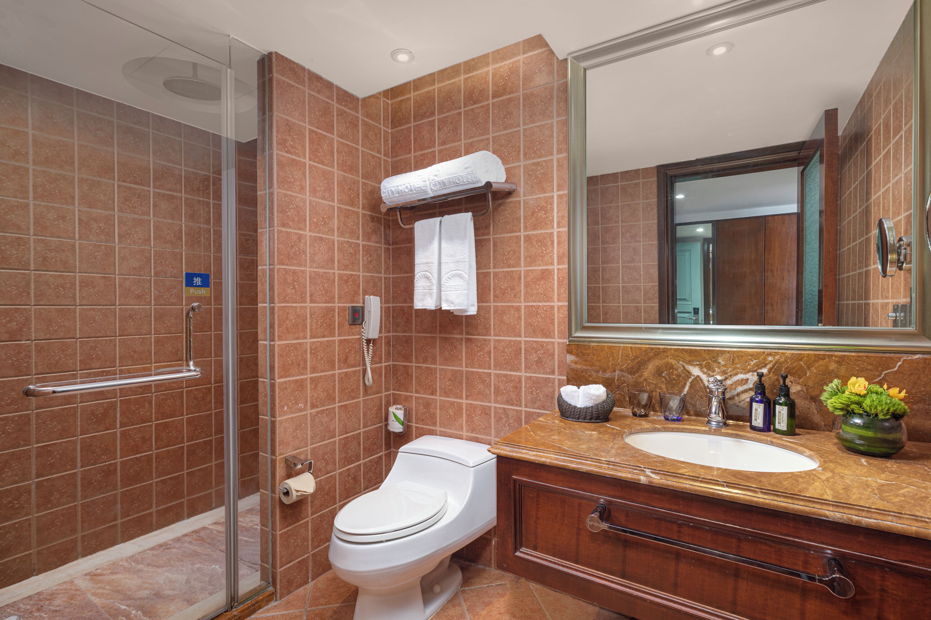 A modern bathroom with a glass-enclosed shower, a white toilet, a sink with a marble countertop, and a large mirror.