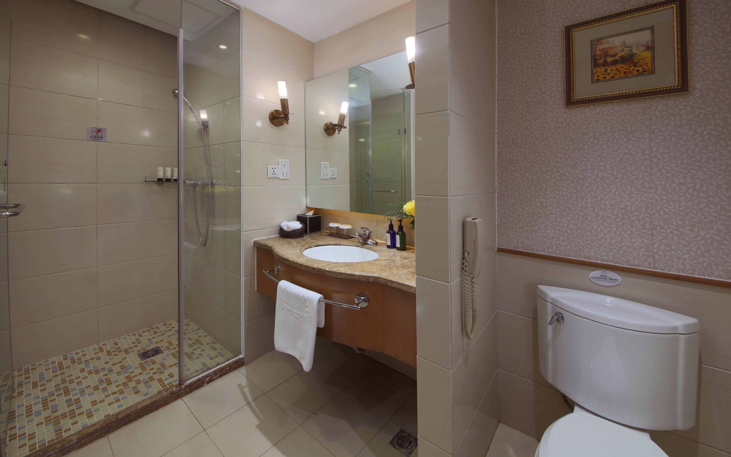 A modern bathroom with a glass-enclosed shower, a sink with a marble countertop, and a toilet.