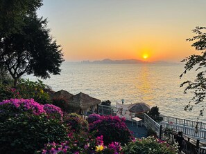 A sunset view over a body of water with a city skyline in the distance, surrounded by lush greenery and flowering plants. - City Hotel Xiamen (Xiamen)