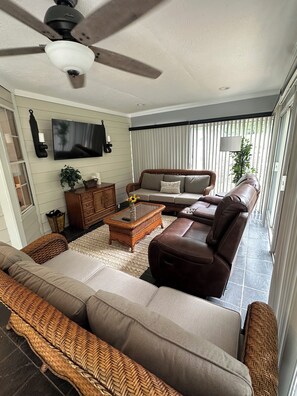 Smart TV, books, music library, stereo