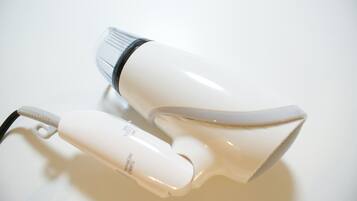 Combined shower/tub, free toiletries, hair dryer, towels