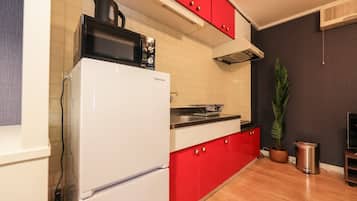 Fridge, microwave, stovetop, electric kettle