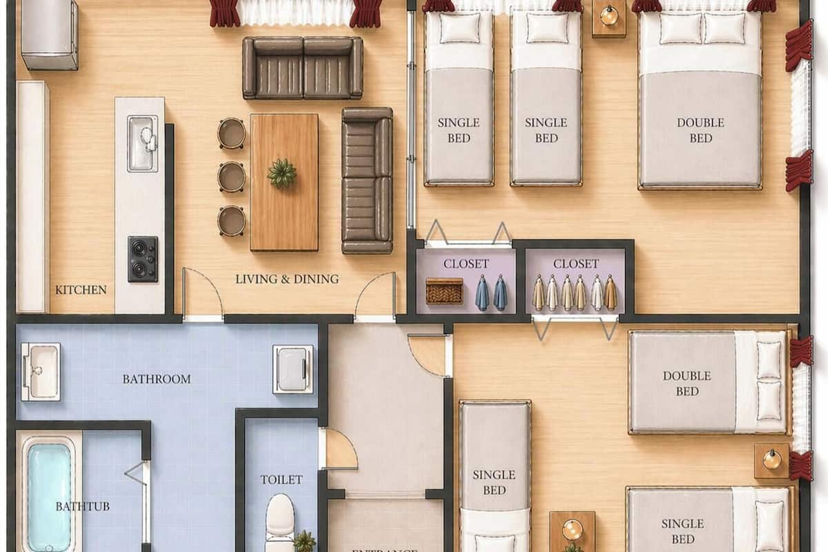Ett hotellrum med kök, vardagsrum och matplats, två enkelsängar, två dubbelsängar, ett badrum med badkar, toalett och garderob.