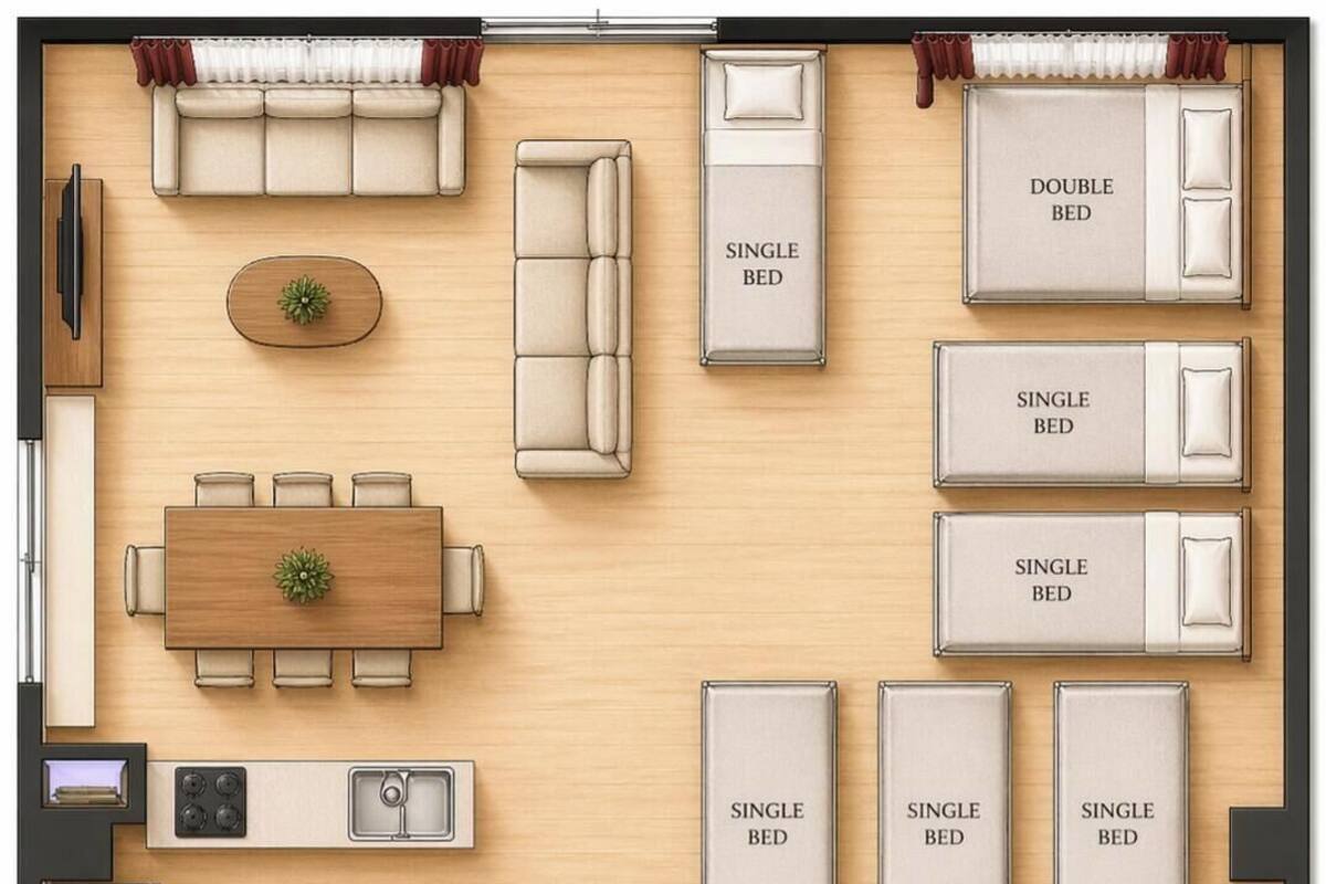 En hotellrumslayout med en soffa, en dubbelsäng, en enkelsäng, ett matbord och ett köksutrymme.