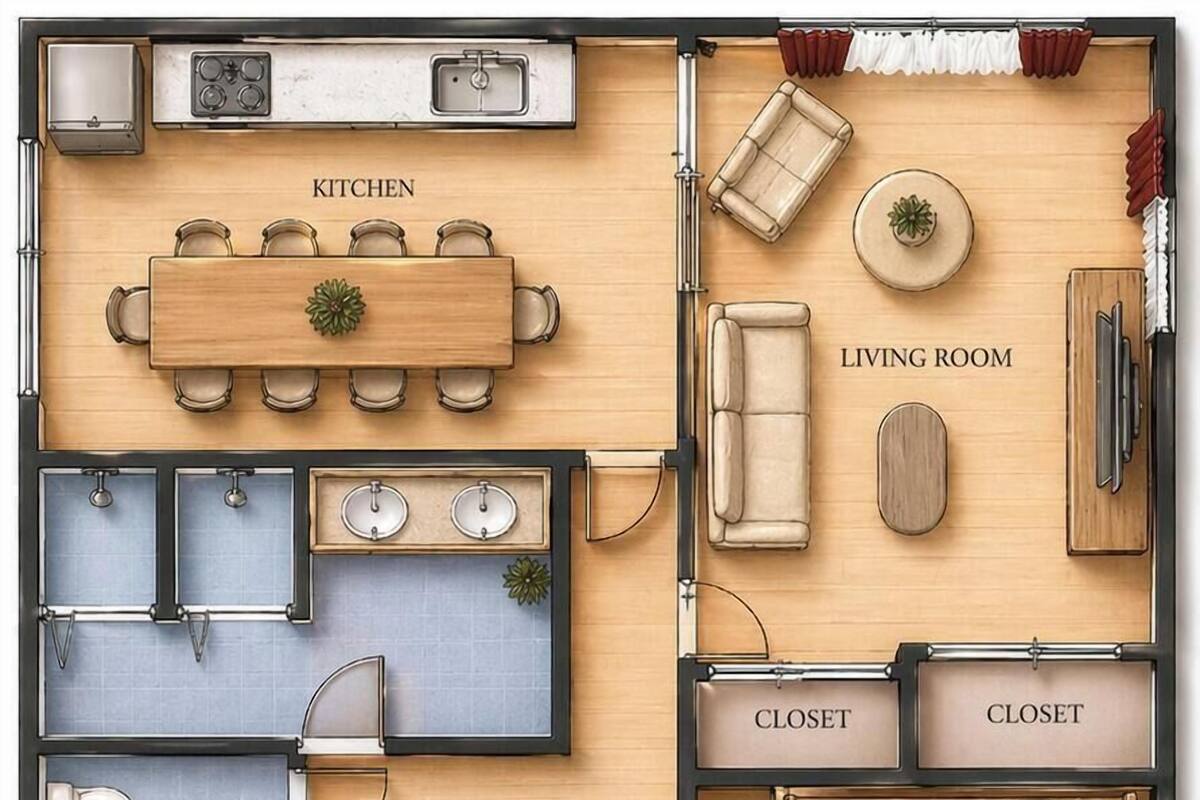 En planritning över ett hotell med kök, vardagsrum, två badrum och flera sovrum, inklusive rum med enkel- och dubbelsängar.