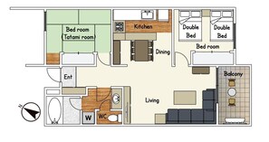 Een plattegrond met een slaapkamer (tatami kamer), keuken, eethoek, twee tweepersoonsbedden, balkon, woonkamer en een inkom.