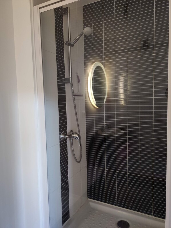 Shower, towels, toilet paper
