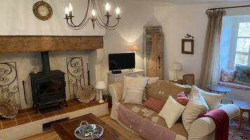 Smart TV, fireplace, books, stereo