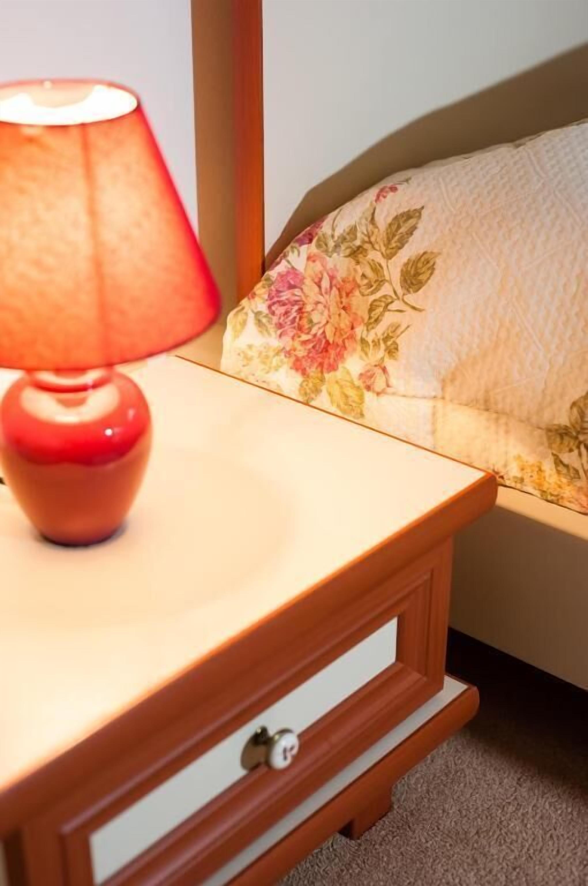 A wooden bedside table with a red lamp, a floral cushion, and a drawer.