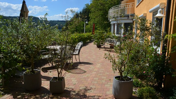 Une cour intérieure agrémentée de plantes en pot, de mobilier d’extérieur et d’un bâtiment doté d’un balcon.