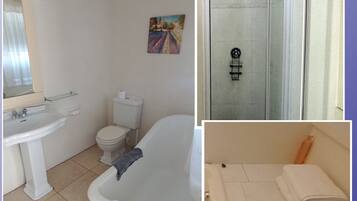 Un baño con lavamanos, inodoro, bañera y ducha.