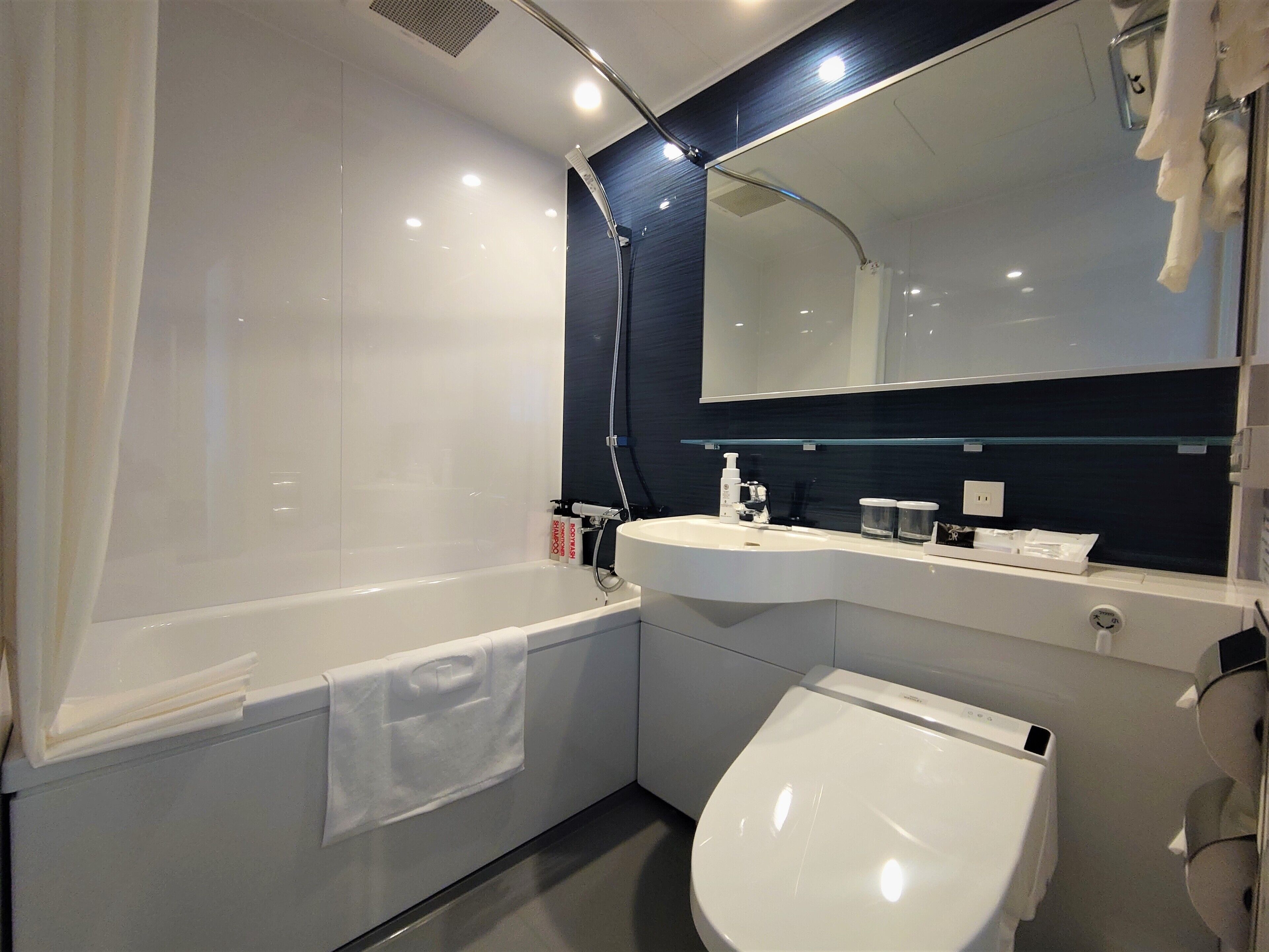 combined shower/bathtub, free toiletries, hair dryer, slippers