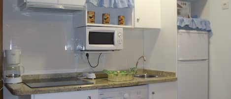 Fridge, microwave, stovetop, coffee/tea maker