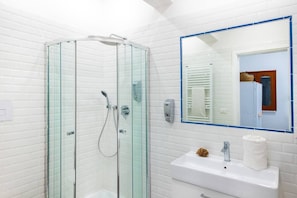 Shower, bidet, towels, toilet paper