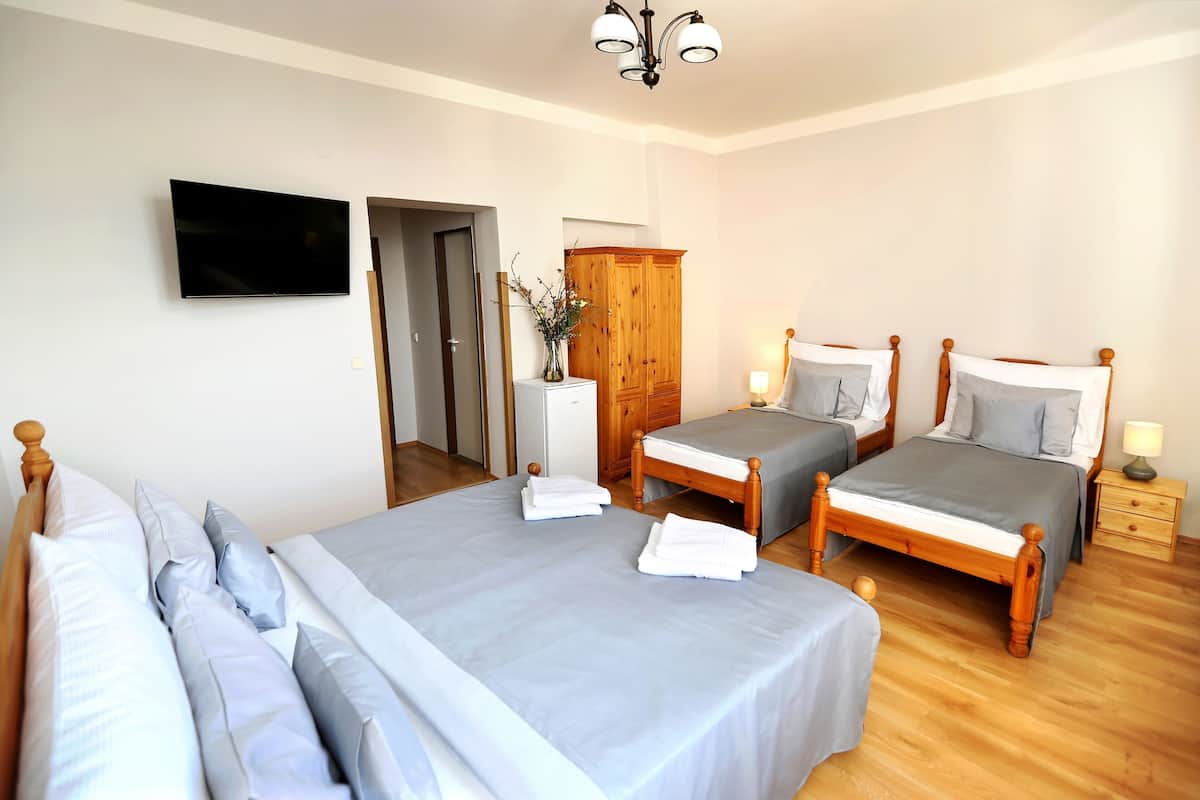 A bedroom with two beds, a TV, a wooden wardrobe, a bedside table with a lamp, and a door leading to another room.