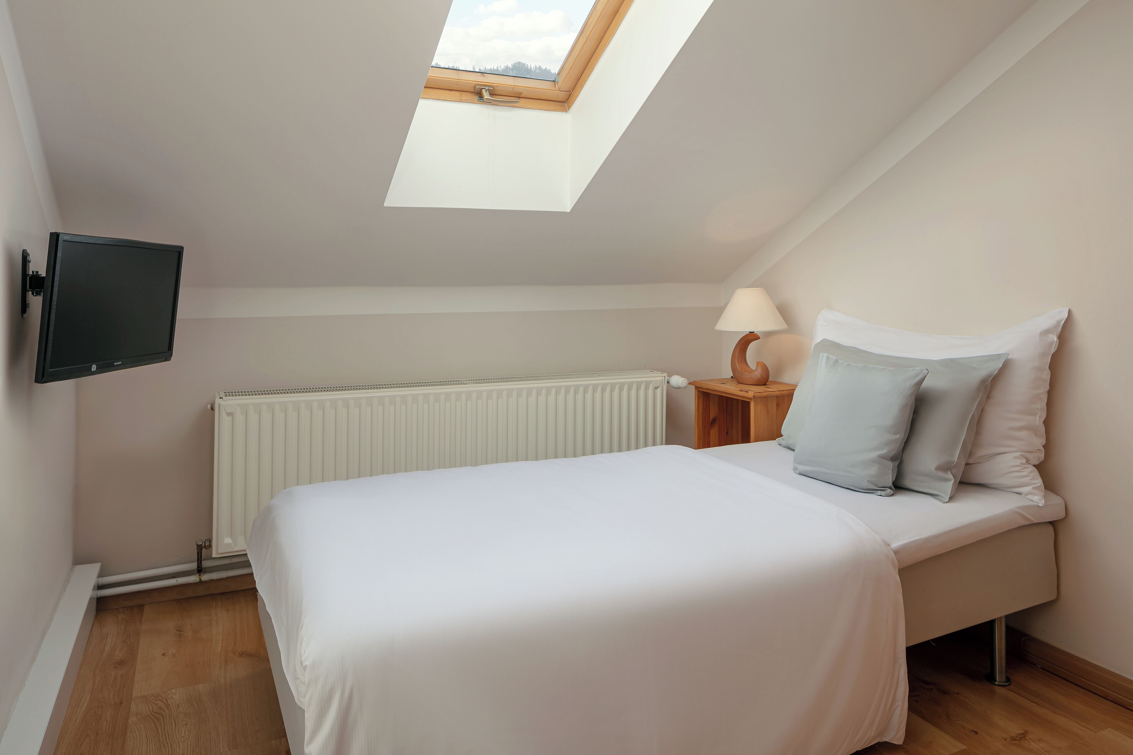 Een slaapkamer met dakraam, een bed, nachtkastje met lamp en een aan de muur bevestigde televisie.