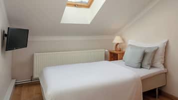 Een slaapkamer met dakraam, een bed, nachtkastje met lamp en een aan de muur bevestigde televisie.