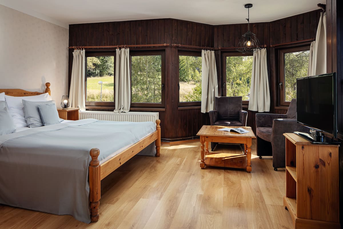 A bedroom with a wooden bed, a wooden coffee table, a chair, a television, and large windows with curtains.