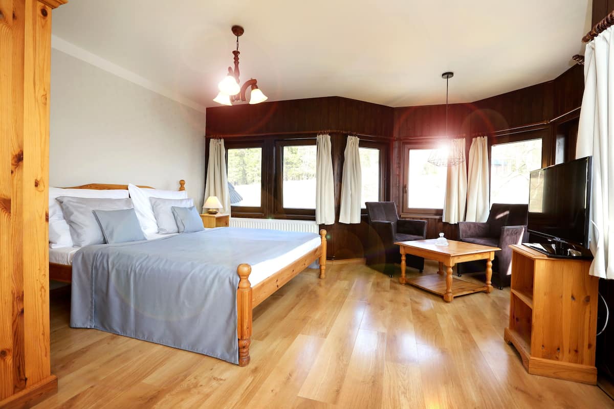 A bedroom with a bed, a TV, a desk, and a chair.