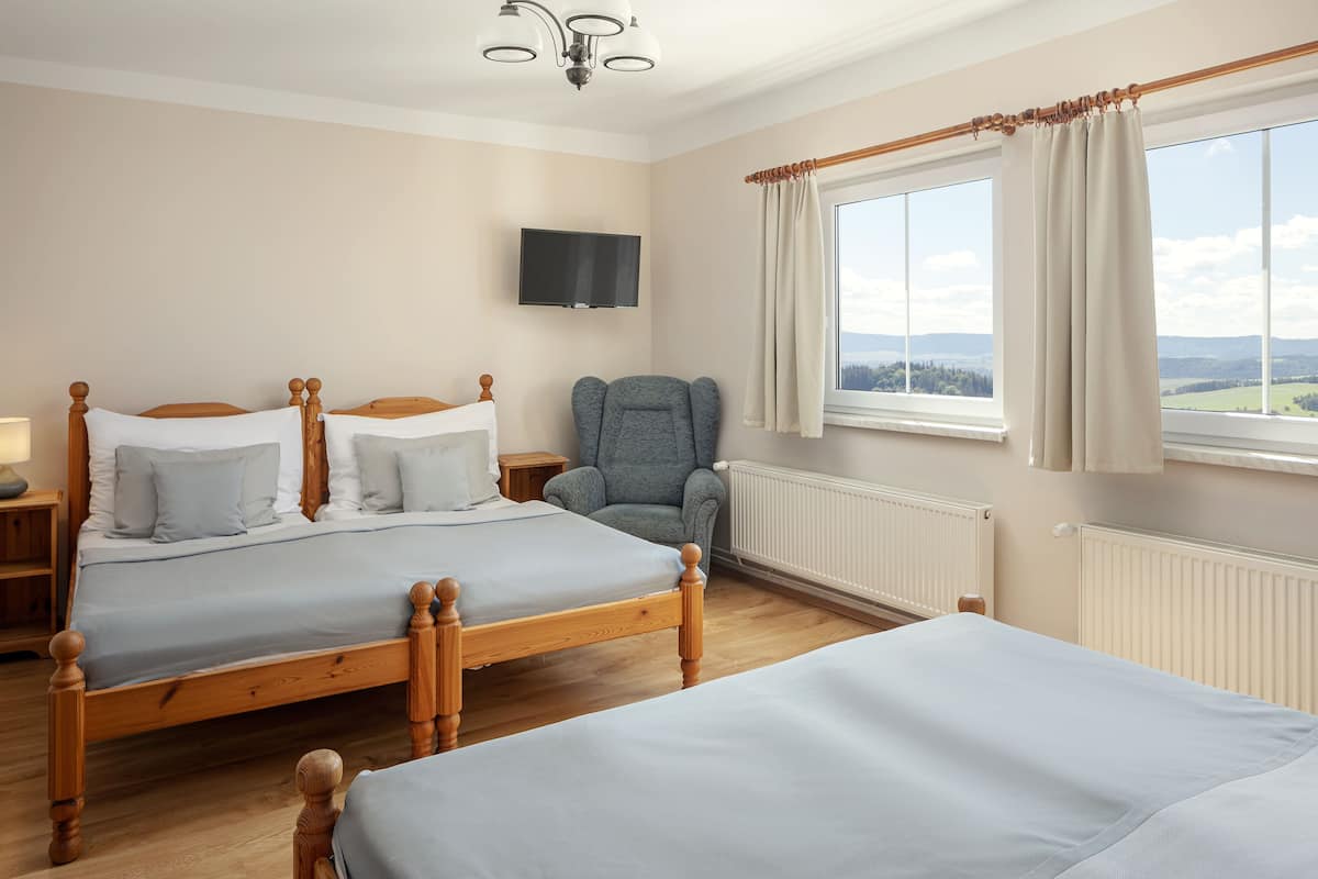 A bedroom with two beds, a chair, a TV, and a window with curtains.