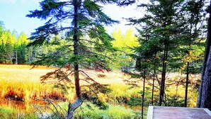 A wooden deck with a view of a forested area and a field.