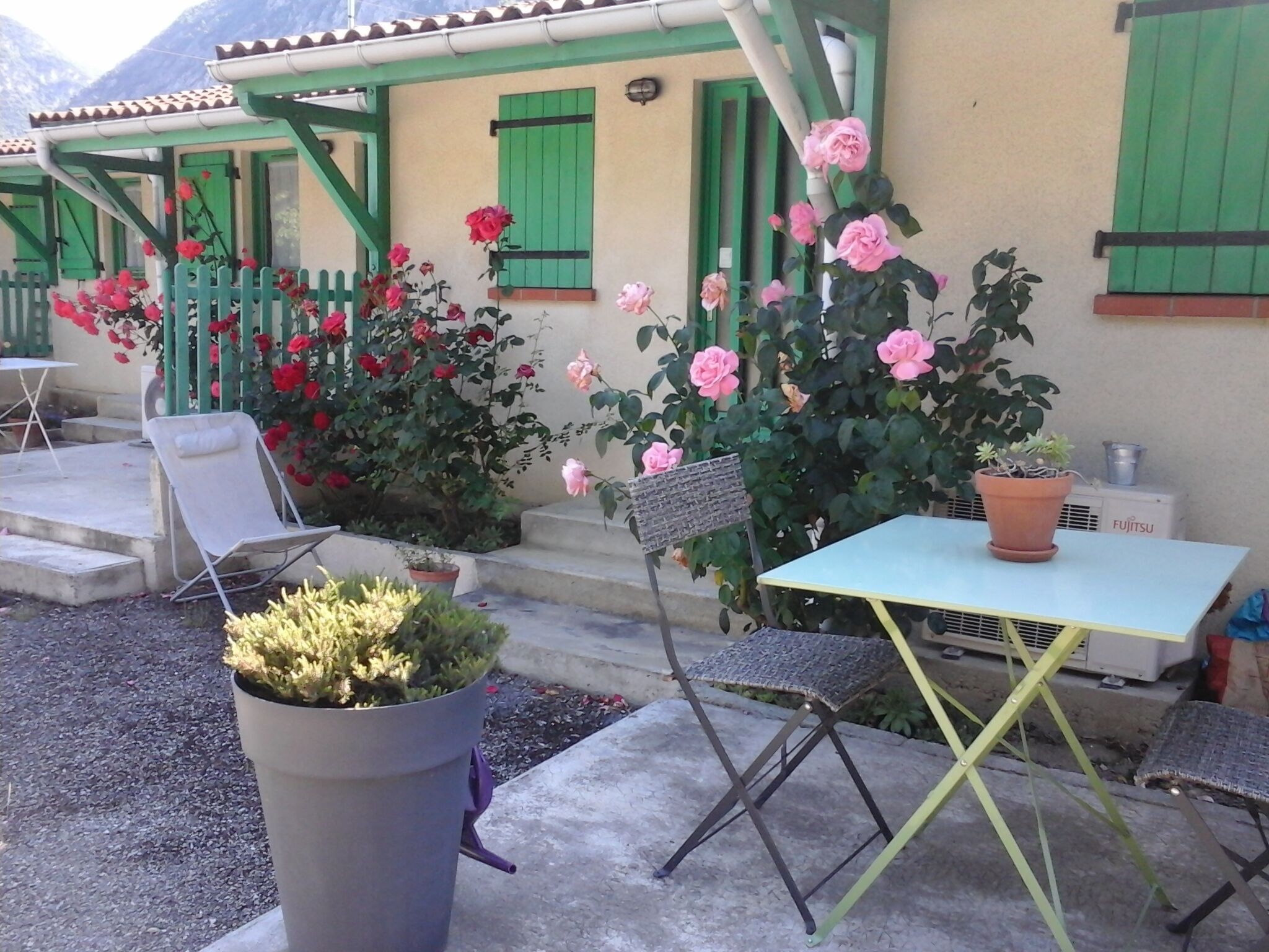 Eine Terrassenfläche mit Sitzgelegenheiten im Freien, einem Blumentopf und einem Gebäude mit grünen Fensterläden.