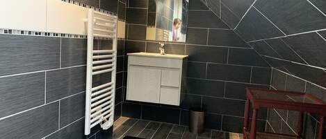 A modern bathroom with dark tiles, a white sink, and a mirror.