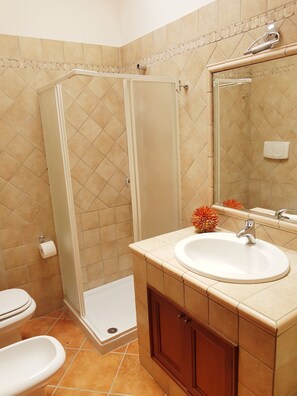 Dusche, Bidet, Handtücher, Seife