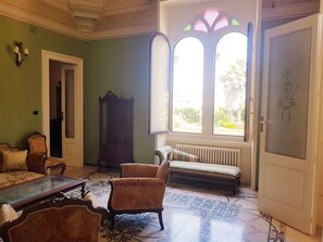 TV, caminetto, libri