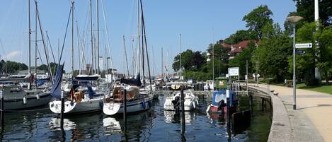 A marina with multiple boats docked, a pathway alongside the water, and directional signs.