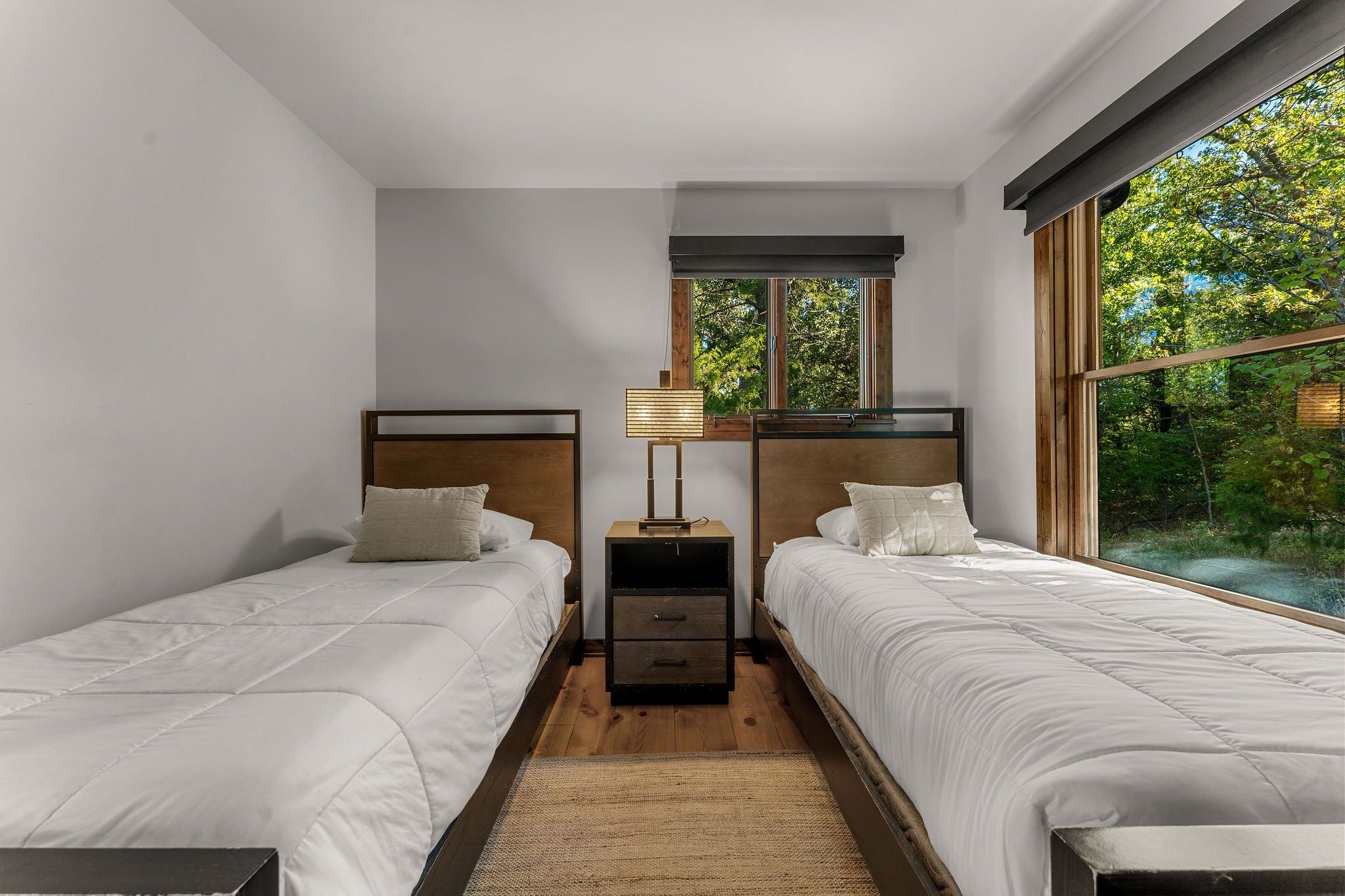 A bedroom with two beds, a nightstand with drawers, a lamp, and a window with a view of greenery.