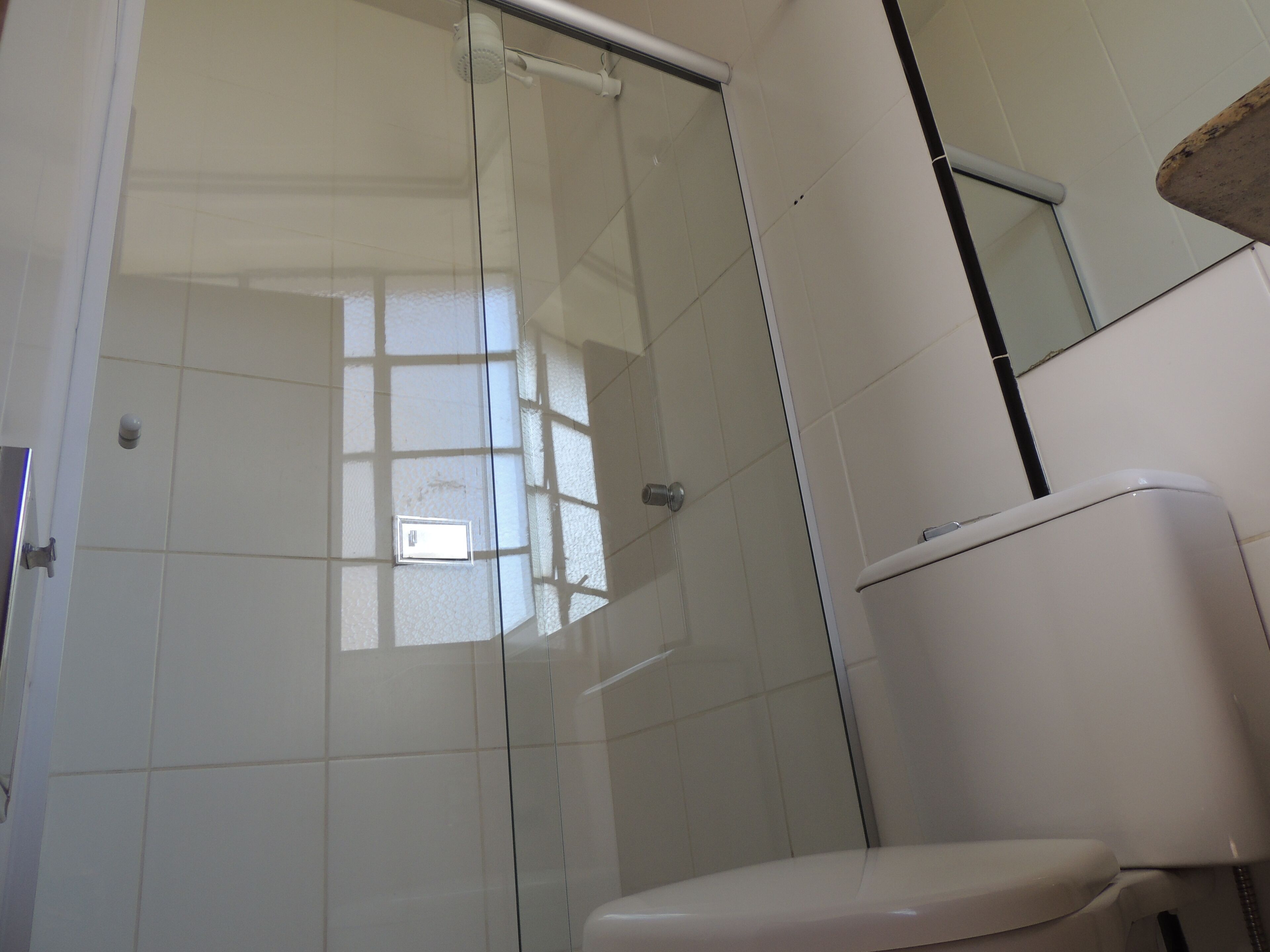 A bathroom with a glass shower enclosure, a toilet, and a mirror.