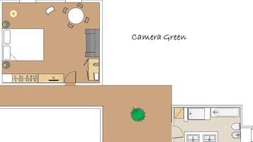 Plano de planta de una habitación identificada como 'Camera Green', con televisor, zona de estar y una pequeña kitchenette.