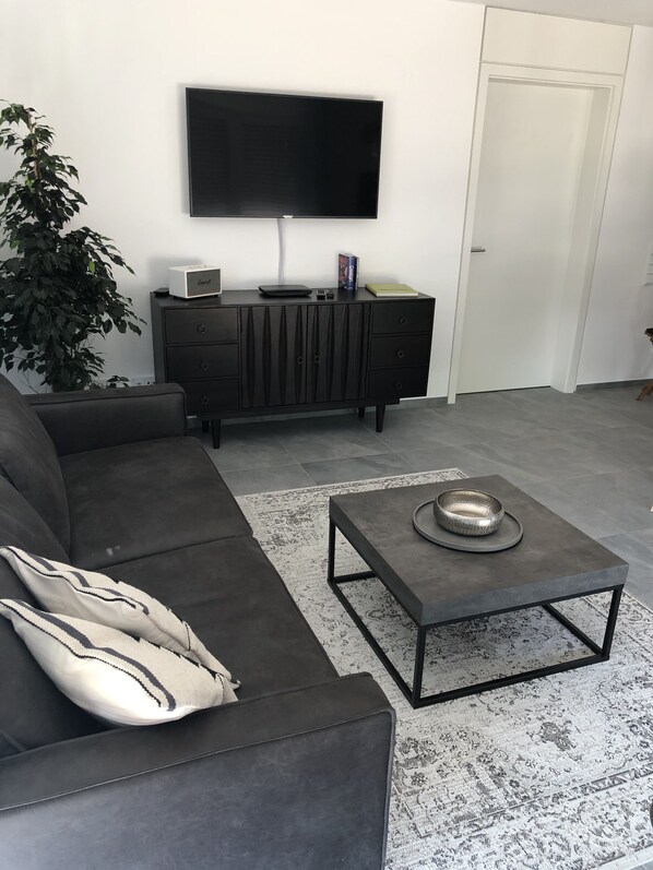 A modern living room with a dark grey sofa, a coffee table with a bowl, a flat-screen TV on a black stand, a dark wooden cabinet with drawers, and a potted plant.