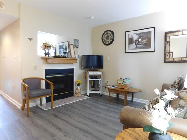 TV, fireplace