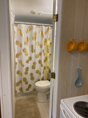 Duschwanne, Handtücher, Seife, Toilettenpapier