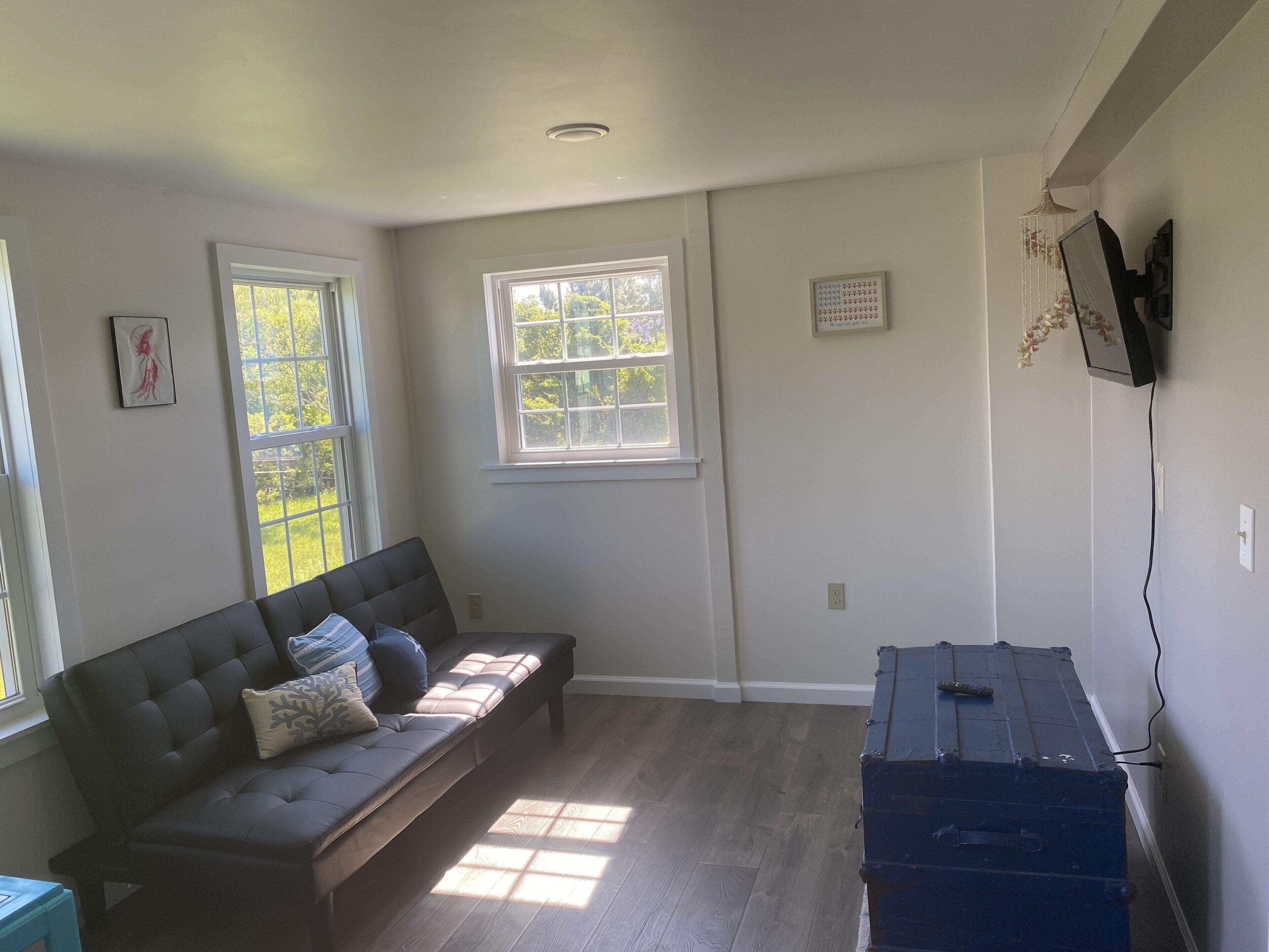 A room with a grey sofa, two windows, a flat-screen TV mounted on the wall, and a blue storage unit.