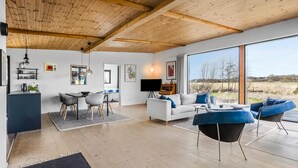 Un'ampia zona giorno con soffitto in legno, una grande finestra che offre vista sulla campagna, un'area pranzo con un mobile ribassato nero e sedie, e un divano con cuscini blu.