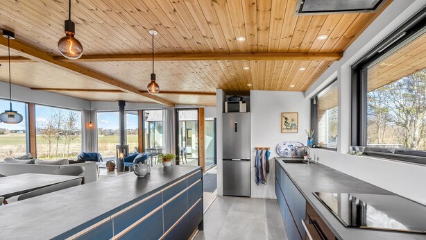 Una cucina moderna con una grande isola, elettrodomestici in acciaio inossidabile e soffitto in legno.
