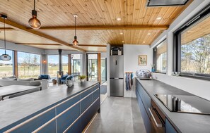 A modern kitchen with a large island, stainless steel appliances, and a wooden ceiling. - Lovely home in Ebeltoft with WiFi (Ebeltoft)