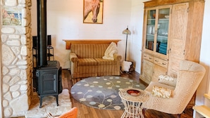 Ein gemütliches Wohnzimmer mit Steinwand, Kamin, Sofa, Teppich mit Muster und einem Schrank.