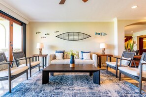 Living room - Spacious Open-Concept Condo with Stylish Design, Direct Beach Access & Resort-Style Amenities (Cabo Velas)