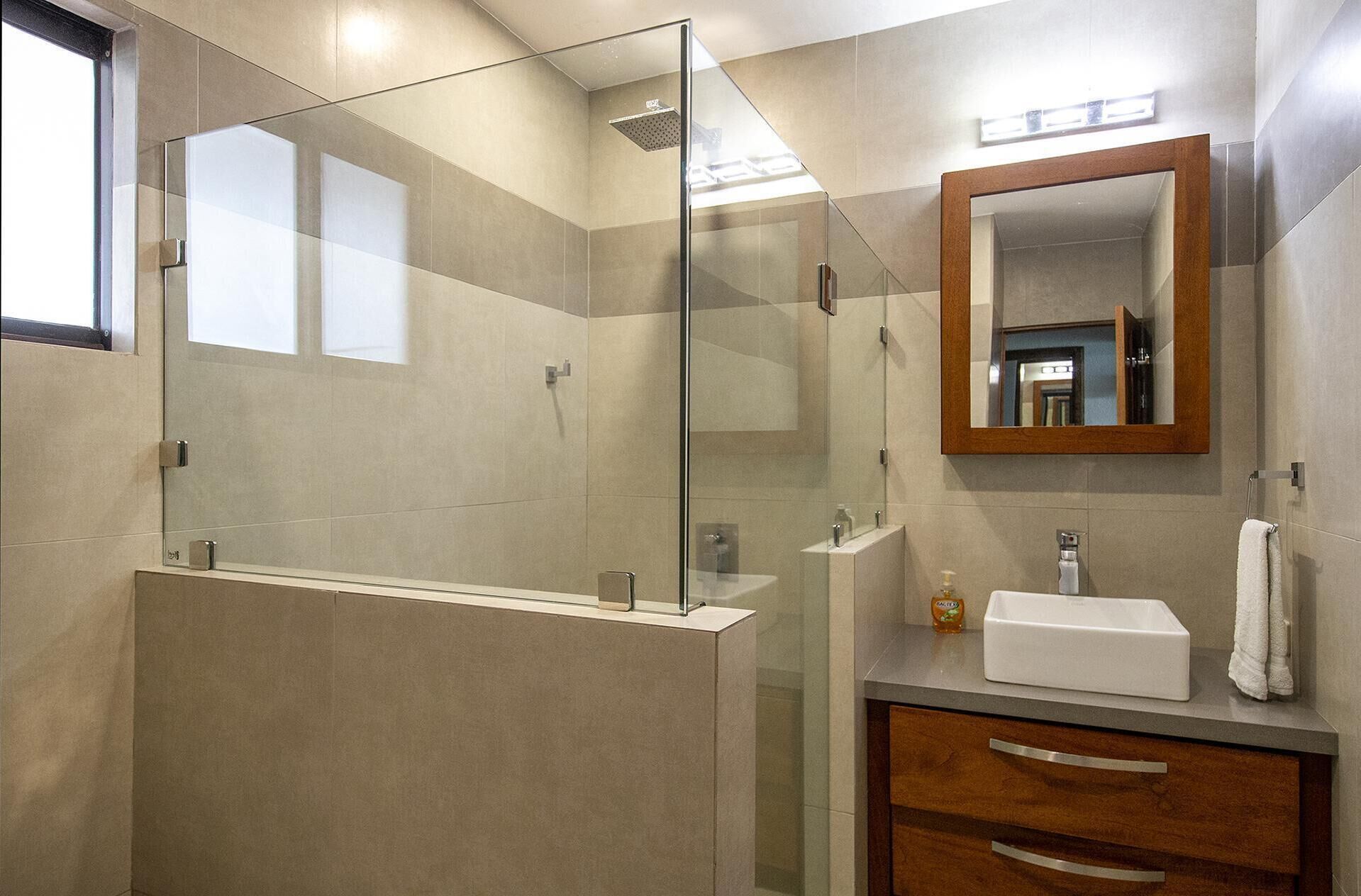 A modern bathroom with a glass shower enclosure, a vanity with a sink, and a mirror.